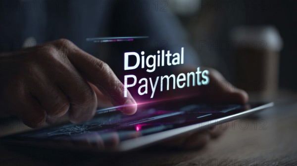 Businessman using tablet with digital payment technology and virtual screen hologram, AI generated