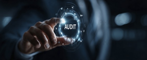 Businessman touching a digital, glowing, futuristic, modern hologram with the text Audit and medical icons on a virtual screen, AI generated