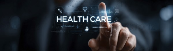 Businessman touching a digital, glowing, futuristic, modern hologram with the text HEALTHCARE and medical icons on a virtual screen, AI generated