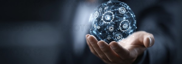 Businessman holding a digital sphere with global network and gears icons on a dark blue background, AI generated