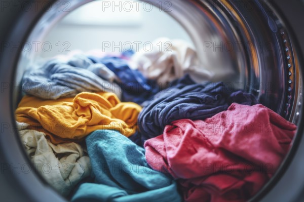 Dirty clothes in a laundry machine being washed and dried, AI generated