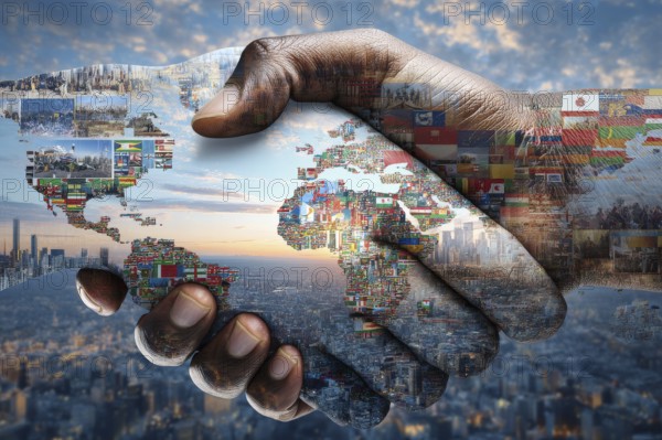 Collage and culture and business cooperation between governments. Shaking hands covered in international country flags, AI generated