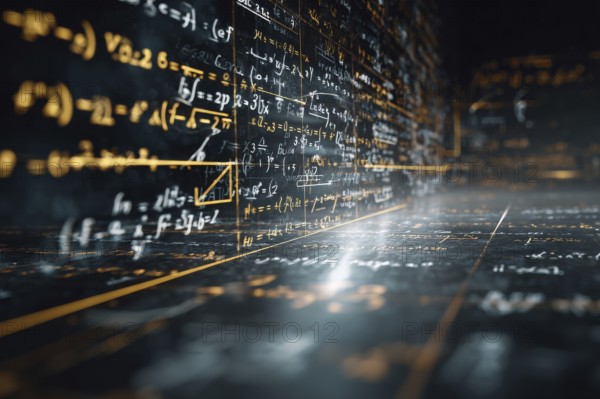 Difficult mathematical formulas that illustrate scientific research and advanced technologies development. Concept of artificial thinking and intelligence, AI generated