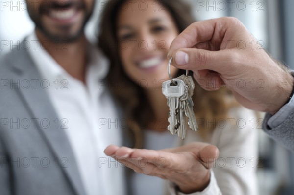 Close up of real estate agent giving house keys to happy couple. New property owners, american dream, AI generated