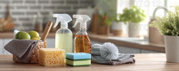 Cleaning set with products and tools on kitchen table, AI generated