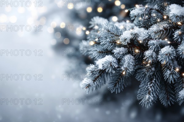 Christmas background. Xmas tree with snow decorated with garland lights, holiday festive background, AI generated