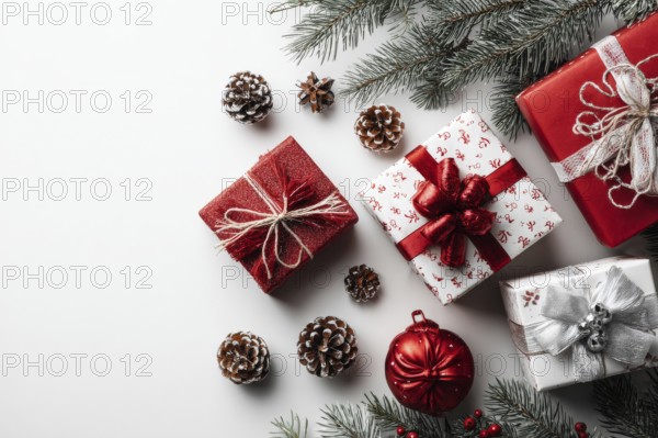 Christmas and New Year holiday background. Xmas greeting card and gifts on white background top view flat lay, AI generated