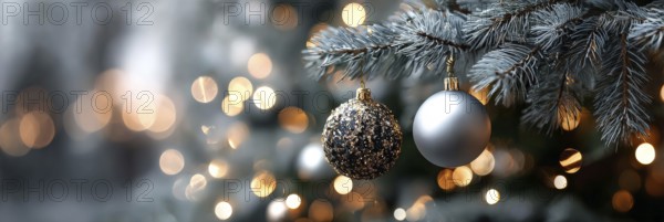 Christmas Tree With Baubles, holiday season and holiday greetings. Happy family time, AI generated