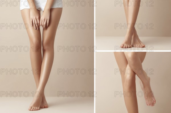 Collage of a clean shaved legs beautiful woman, concept of epilation and beauty spa treatment, AI generated