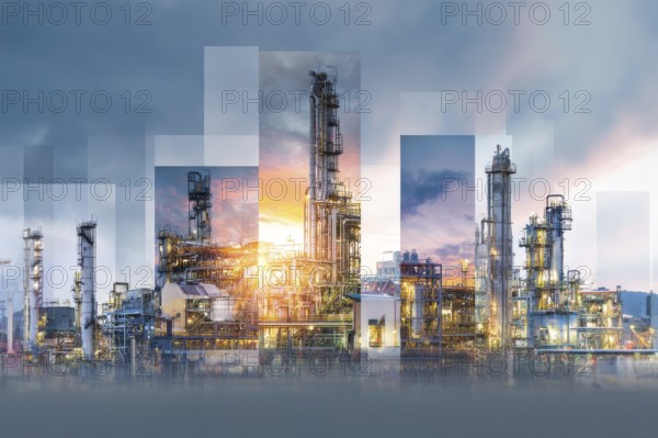 Collage of industrial factories and warehouses. Illustration of global international trade and commerce, AI generated