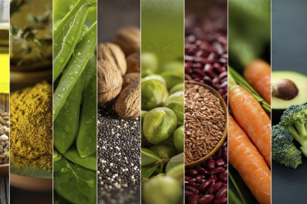 Collage healthy organic vegetables that improve digestion health and heart health, AI generated