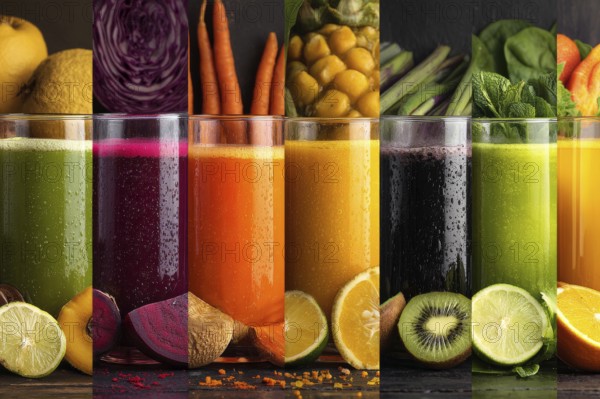 Collage healthy organic juices that improve digestion health and heart health, AI generated