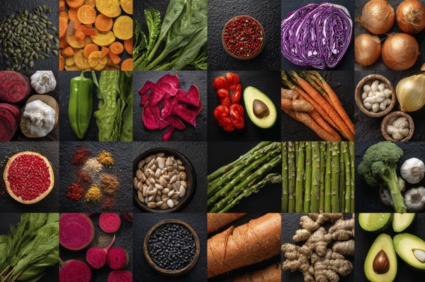 Collage healthy organic food and various healthy diets for improving weight and overall digestive health, AI generated