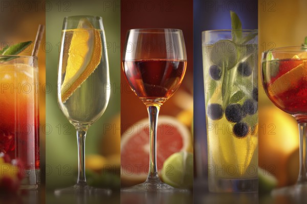 Collage of alcoholic drinks and cocktails and glasses, AI generated