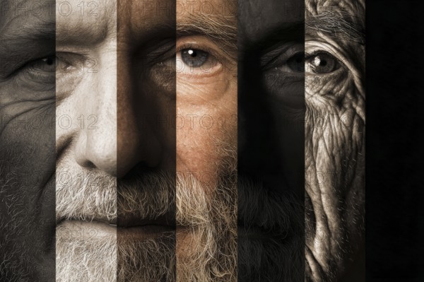 Collage of a face of the same person aging from young to old, AI generated