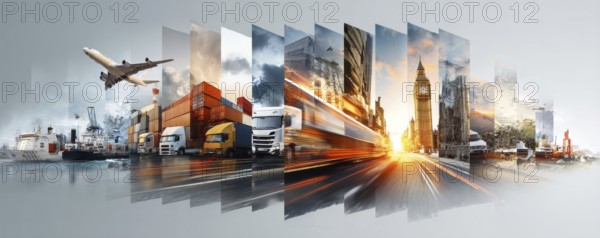 Collage international interconnected transportation businesses.Global trade and commerce of international corporations, AI generated