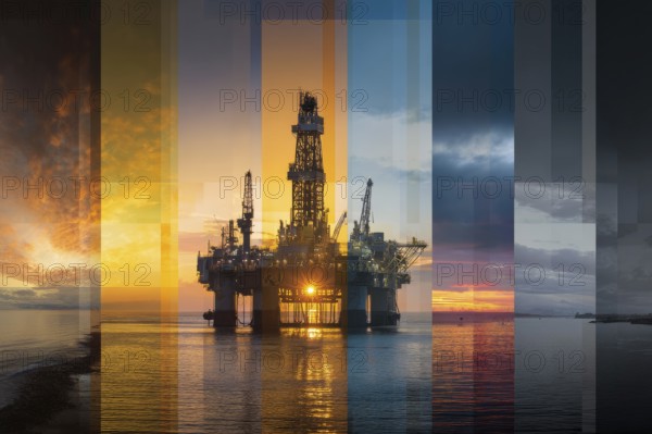 Collage of industrial factories and warehouses. Illustration of global international trade and commerce for oil industry, AI generated