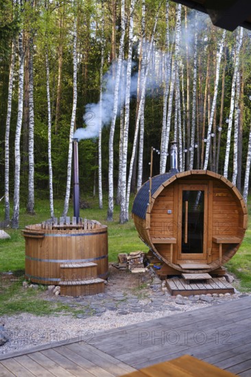 A cozy wooden sauna and hot tub surrounded by tall birch trees. Smoke gently rises from the chimney, creating a peaceful atmosphere in nature