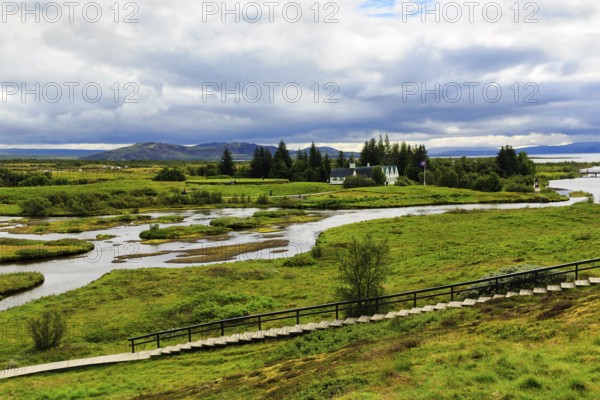 Thingvellir National Park, green volcanic landscape with Lake Þingvallavatn, Thingvallavatn in summer, Golden Circle, Sudurland, Iceland