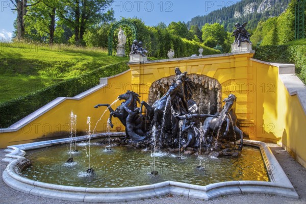 North parterre with Neptune Fountain at Linderhof Palace, Ettal, Ammertal, Upper Bavaria, Bavaria, Germany, UNESCO World Heritage Site