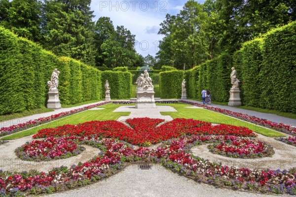 Baroque garden parterre on the east side of Linderhof Palace, Ettal, Ammertal, Upper Bavaria, Bavaria, Germany, UNESCO World Heritage Site