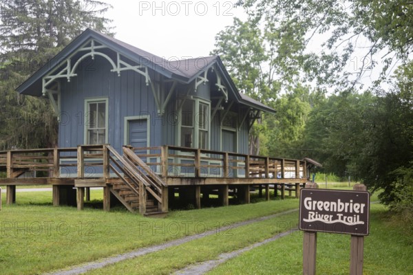 Clover Lick, West Virginia - A restored train station next to the Greenbrier River Trail. The biking and hiking trail, on the railbed of the former Chesapeake and Ohio Railway, runs 78 miles in eastern West Virginia