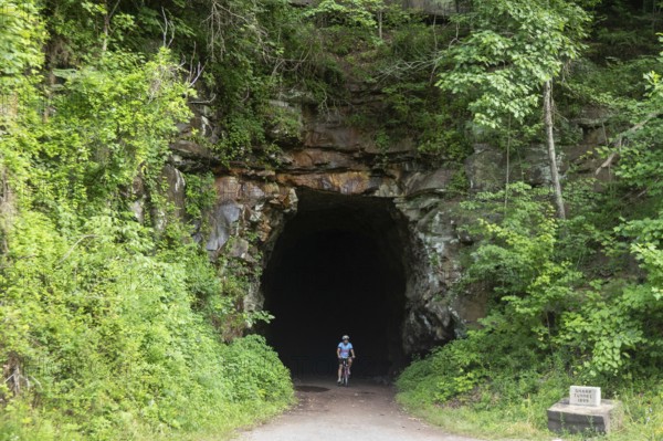 Marlinton, West Virginia - Sharp's Tunnel on the Greenbrier River Trail. The biking and hiking trail, on the railbed of the former Chesapeake and Ohio Railway, runs 78 miles in eastern West Virginia