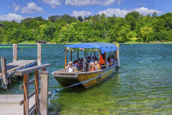 Ferry boat crossing to Roseninsel in Lake Starnberg, Feldafing, Upper Bavaria, Bavaria, Germany