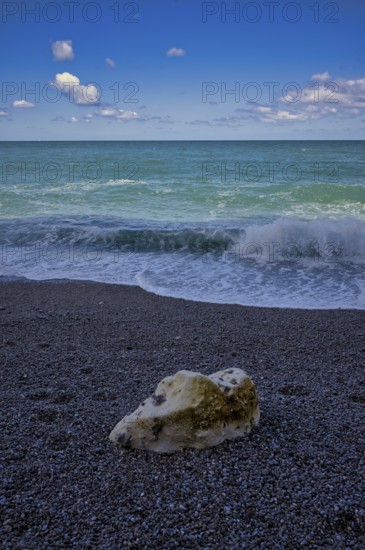 Rock on beach, pebble beach, surf, sea, clouds, Étretat, Normandy, Seine-Maritime, France