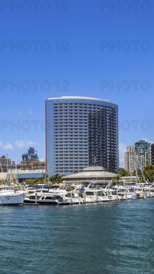 USA, California, San Diego Bay marina and Seaport Village in downtown near Gaslamp Quarter
