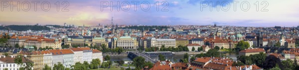 Czechia, Panoramic view of Prague, bridges over Vlatva river and Prague Old city