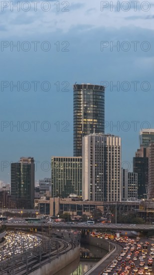 Israel, Tel Aviv financial business district skyline with shopping malls and high tech offices
