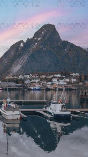 Beautiful Reine fishing village, scenic dramatic views of Lofoten islands in Norway