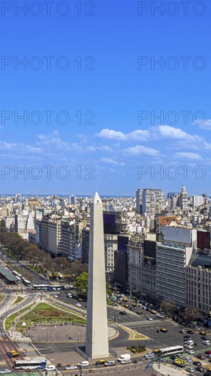 Panoramic cityscape and skyline view of Buenos Aires near landmark obelisk on 9 de Julio Avenue