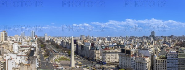 Panoramic cityscape and skyline view of Buenos Aires near landmark obelisk on 9 de Julio Avenue