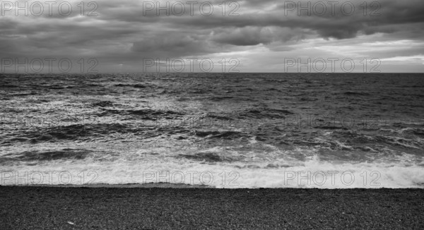 Surf, beach, pebble beach, Étretat, sea, clouds, black and white, Normandy, Seine-Maritime, France