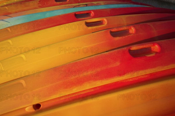 Kayaks, boats, colourful, lying on the beach, Étretat, Normandy, Seine-Maritime, France