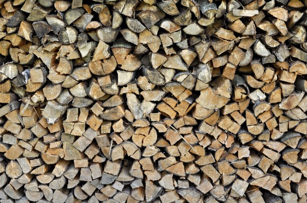 Stack with firewood, logs, structure, texture, background image, Anzing, Upper Bavaria, Bavaria, Germany