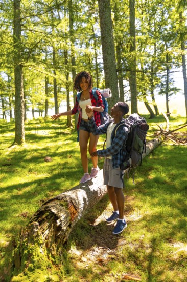 Young backpacking couple holding hands and balancing on a fallen tree trunk while hiking through a forest
