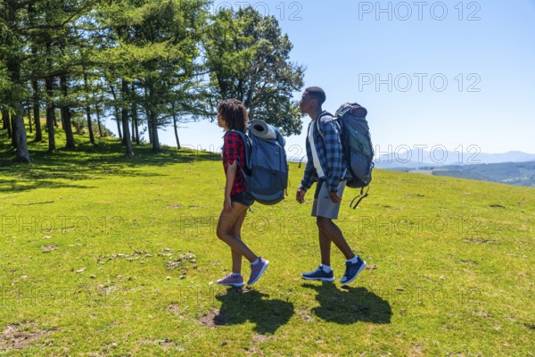 Young hikers enjoying a sunny day in the mountains, walking along a scenic trail with backpacks, surrounded by lush greenery and blue skies