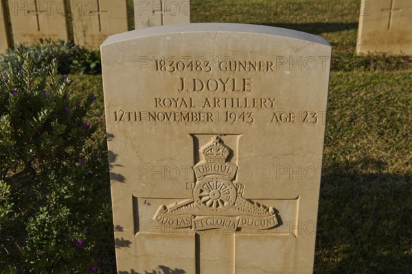 A single gravestone with inscription near grass and shade in a cemetery, J. Doyle, Royal Artillery, Military Cemetery, Commonwealth War Cemetery, Military Cemetery, WW2, 1939-1945, 179 graves, Alinda, Leros, Dodecanese, Greek Islands, Greece