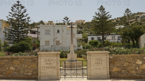 Entrance to Leros War Cemetery with inscriptions and tall trees, Military Cemetery, Commonwealth War Cemetery, Military Cemetery, WW2, 1939-1945, 179 graves, Alinda, Leros, Dodecanese, Greek Islands, Greece