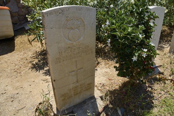 Gravestone of a soldier next to plants under sunshine, Hugh Gore-Booth, Irishman, Fusilier, Military Cemetery, Commonwealth War Cemetery, Military Cemetery, WW2, 1939-1945, 179 graves, Alinda, Leros, Dodecanese, Greek Islands, Greece