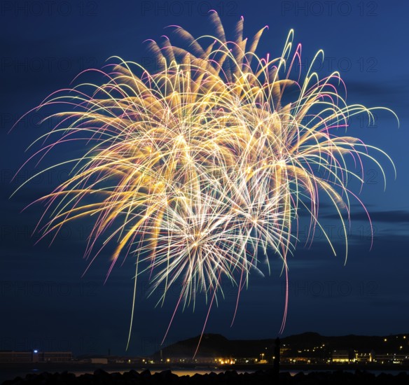Bright, atmospheric, splendid and intense fireworks display with many illuminated sheaves for the Heligoland island festival in red and gold over the nocturnal lowlands and the inland harbour, with the tetrapod dune platforms and the reflecting waters of the North Sea in front, Night sky at the island festival in summer, symbolic image also for New Year's Eve, New Year's Eve fireworks, bright, colourful, many colourful traces of light, sparks, lively glitter, night, Heligoland Island, Schleswig-Holstein, Germany