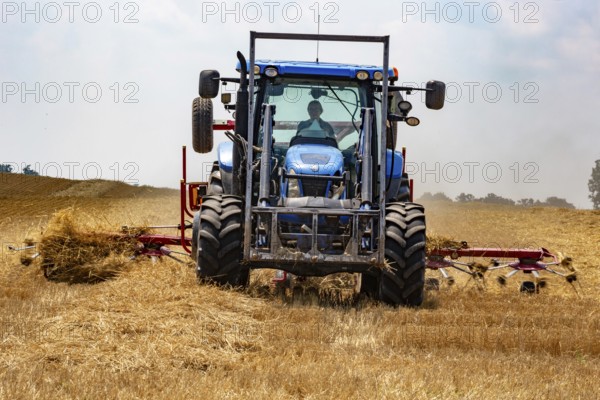 Hastings, Michigan - A farmer uses a New Holland ProTed 3625 tedder to aerate her crop. A tedder spreads out hay or straw to allow quicker drying before baling