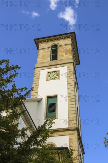 Protestant church, church, sacred building, church square, church tower, clock, Gomaringen, district of Tübingen, Baden-Württemberg, Germany