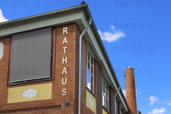 New town hall in the former Kindler corset factory, former Gotthold Kindler and Cie. corset factory, factory building, former textile industry, brick, building, lettering, fireplace, chimney, Gomaringen, district of Tübingen, Baden-Württemberg, Germany