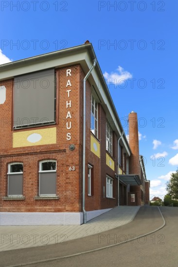 New town hall in the former Kindler corset factory, former Gotthold Kindler and Cie. corset factory, factory building, former textile industry, brick, building, lettering, fireplace, chimney, Gomaringen, district of Tübingen, Baden-Württemberg, Germany