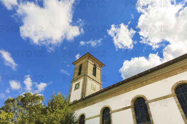 Protestant church, church, sacred building, church square, church tower, clock, Gomaringen, district of Tübingen, Baden-Württemberg, Germany