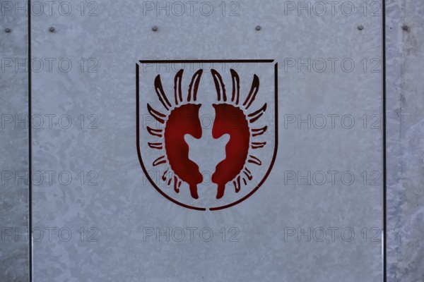 New town hall in the former Kindler corset factory, former Gotthold Kindler and Cie. corsetry factory, historical coat of arms of the Lords of Gomaringen, Gomaringen, district of Tübingen, Baden-Württemberg, Germany